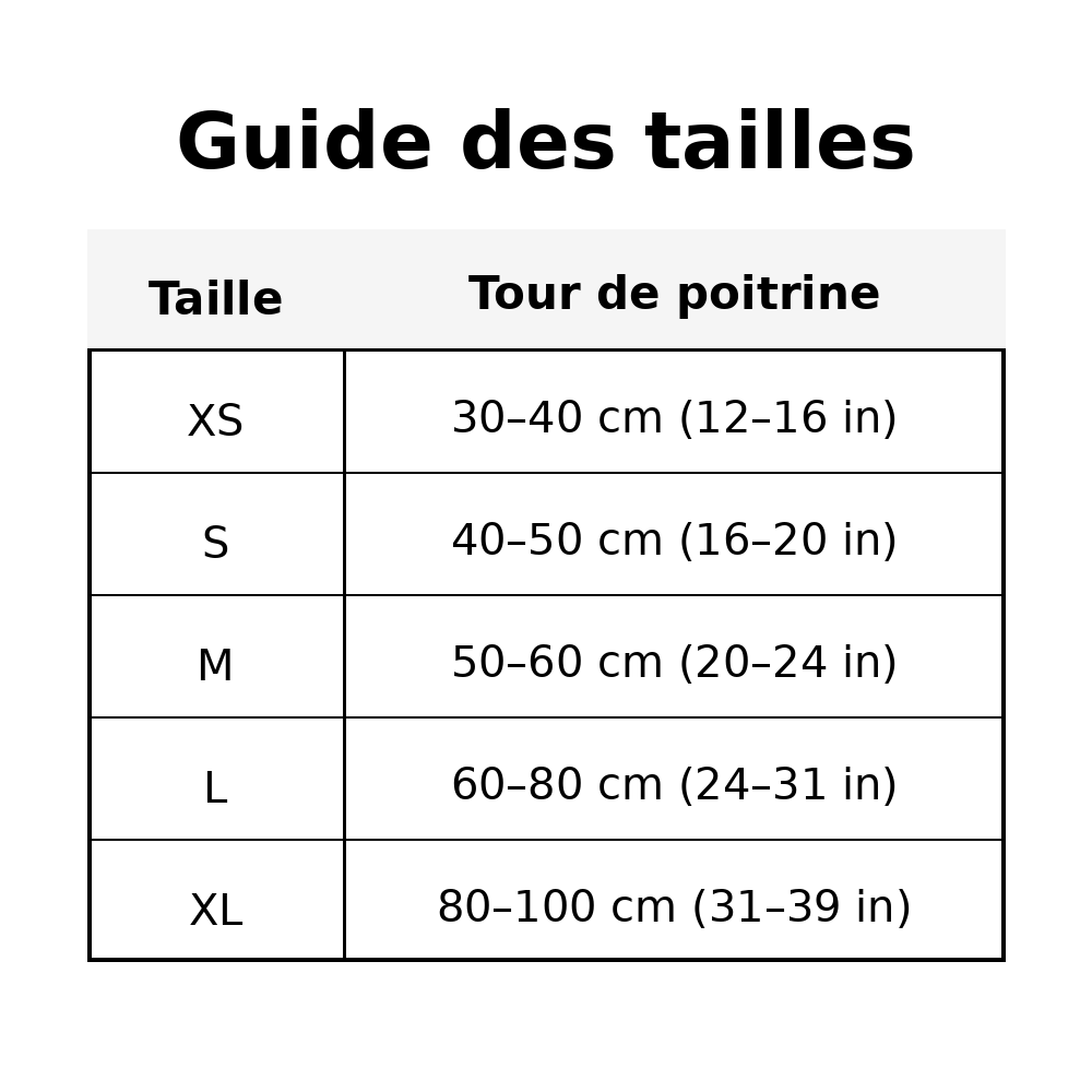 Harnais anti évasion chien guide des tailles