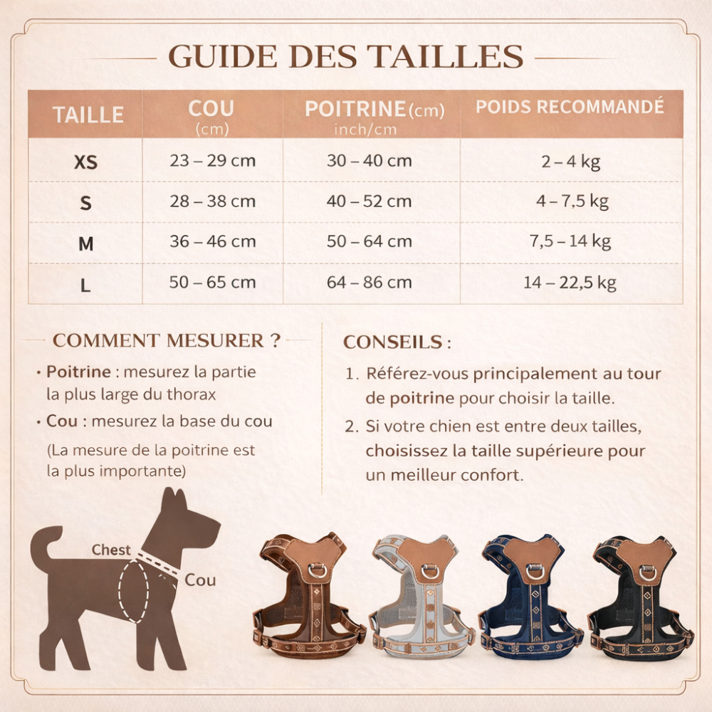 Harnais en y pour chien guide des tailles