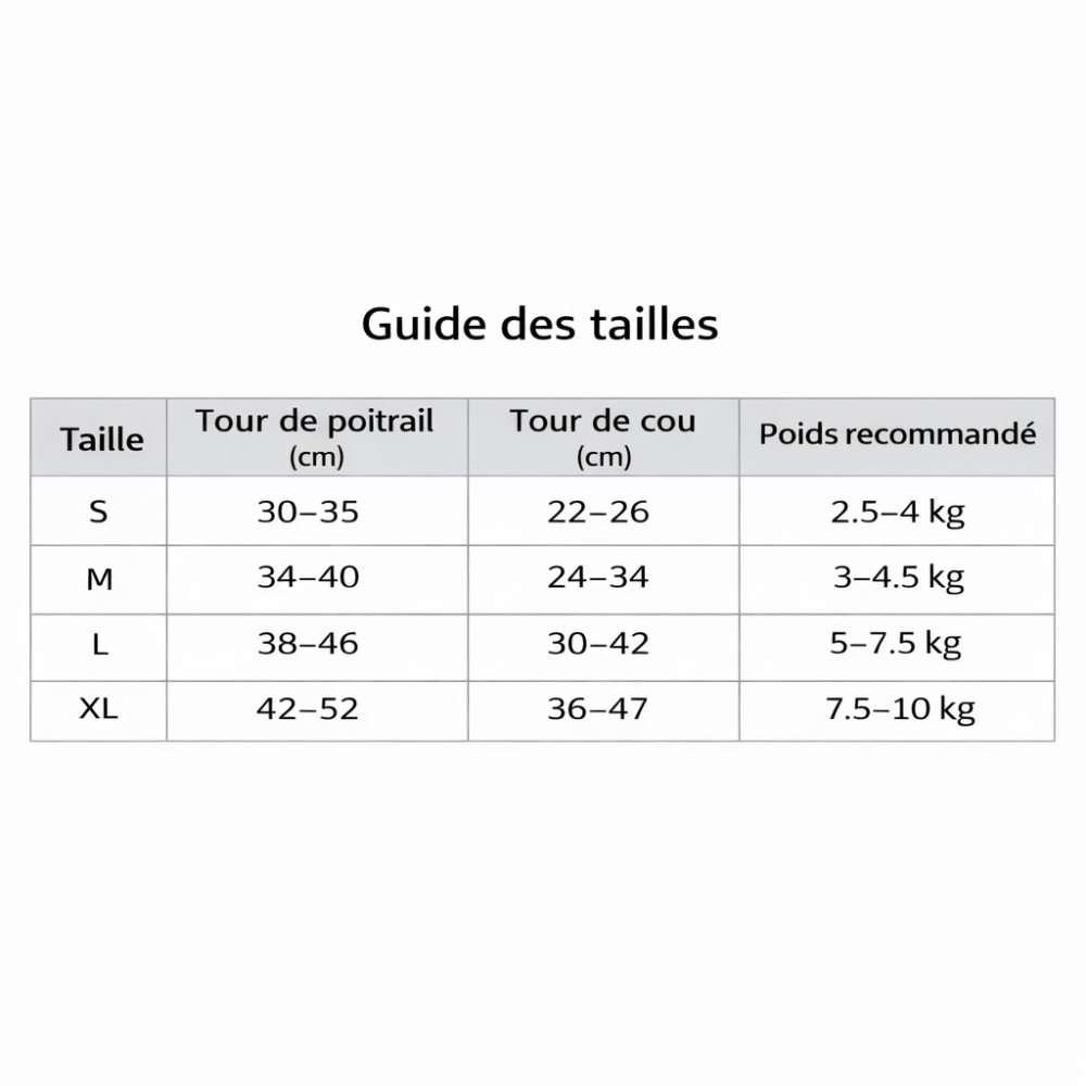 Harnais chiot guide de tailles
